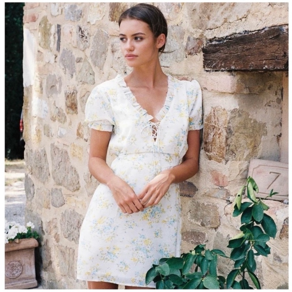 With Jean Cream Mini Dress with Yellow & Light Blue Floral Print